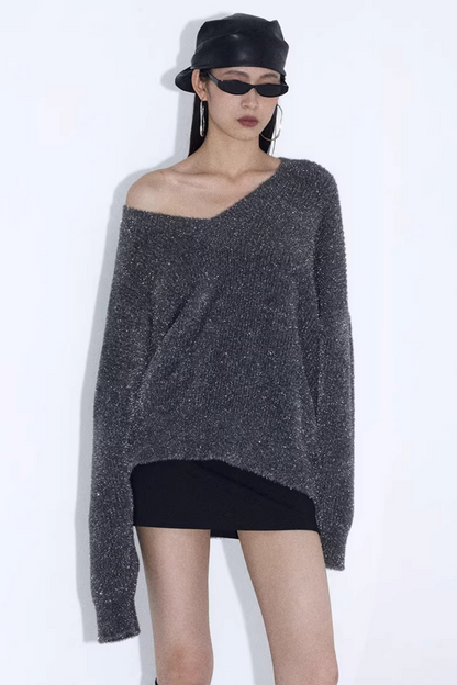 Silberner Faden V-Ausschnitt Strickpullover