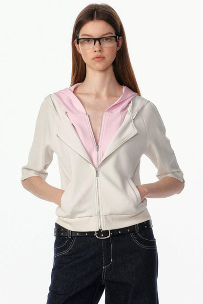 Patchwork Cropped Short Sleeve Hoodie