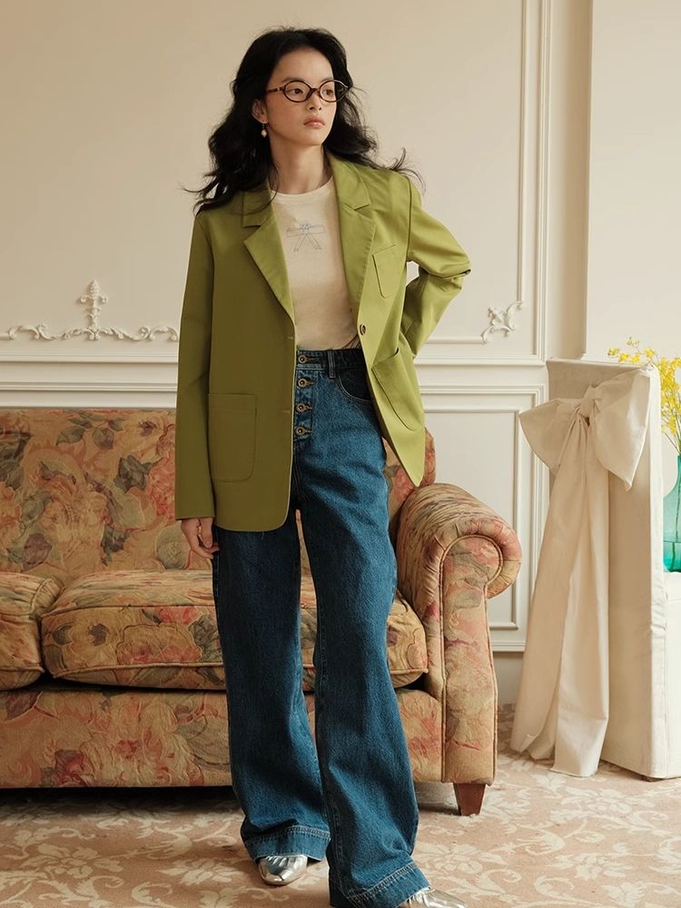 Green Literary Loose Suit Jacket