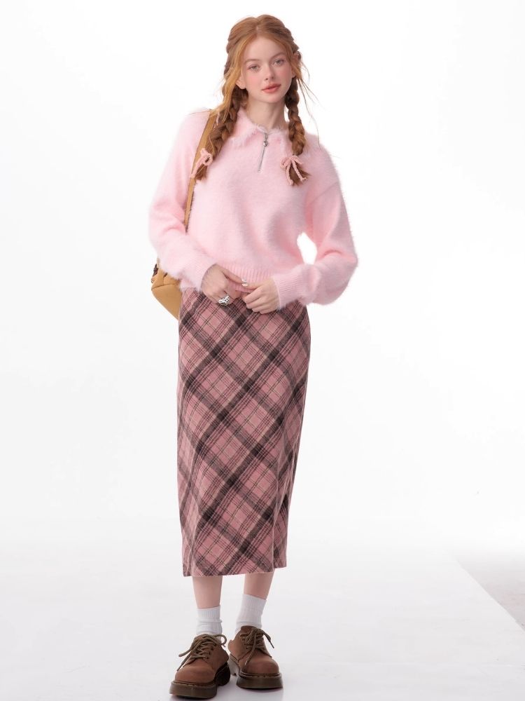 High-waisted thin tweed plaid half-body skirt