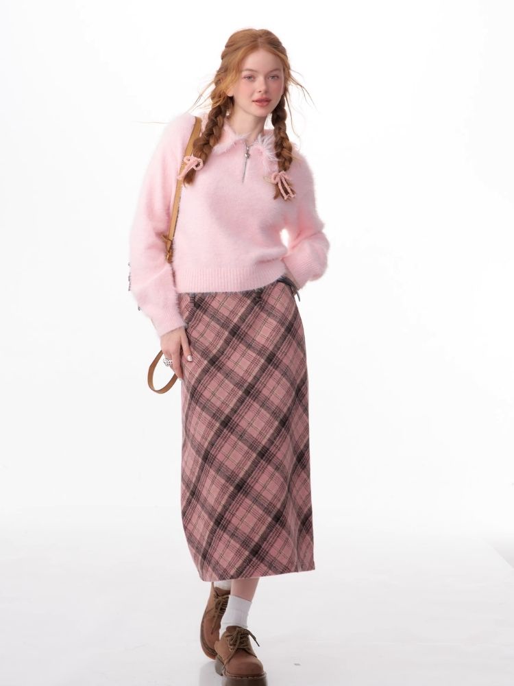 High-waisted thin tweed plaid half-body skirt