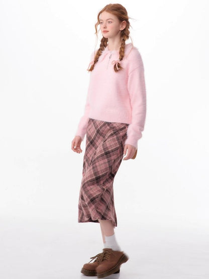 High-waisted thin tweed plaid half-body skirt