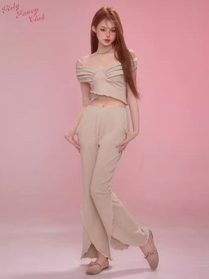 One Shoulder Halter Top Split Flare Pants Set