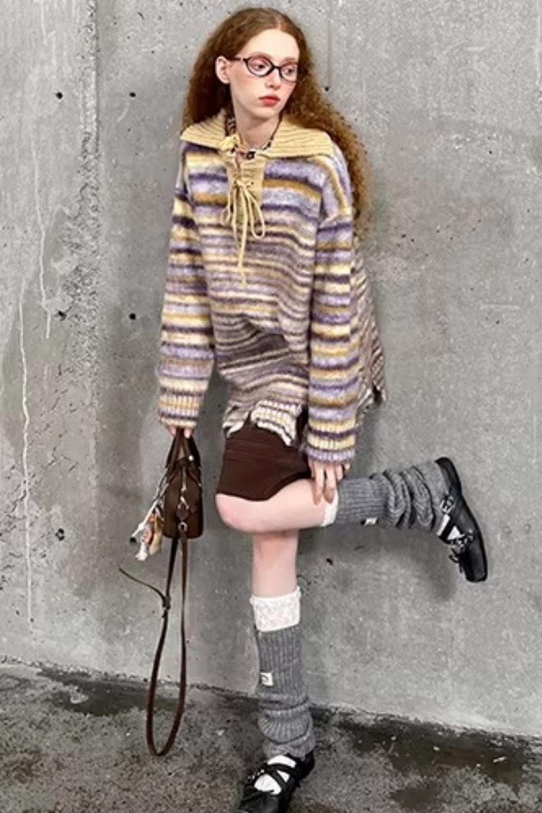 Lace-Up Collar Sweater Set-Up