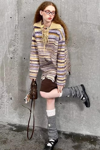 Lace-Up Collar Sweater Set-Up