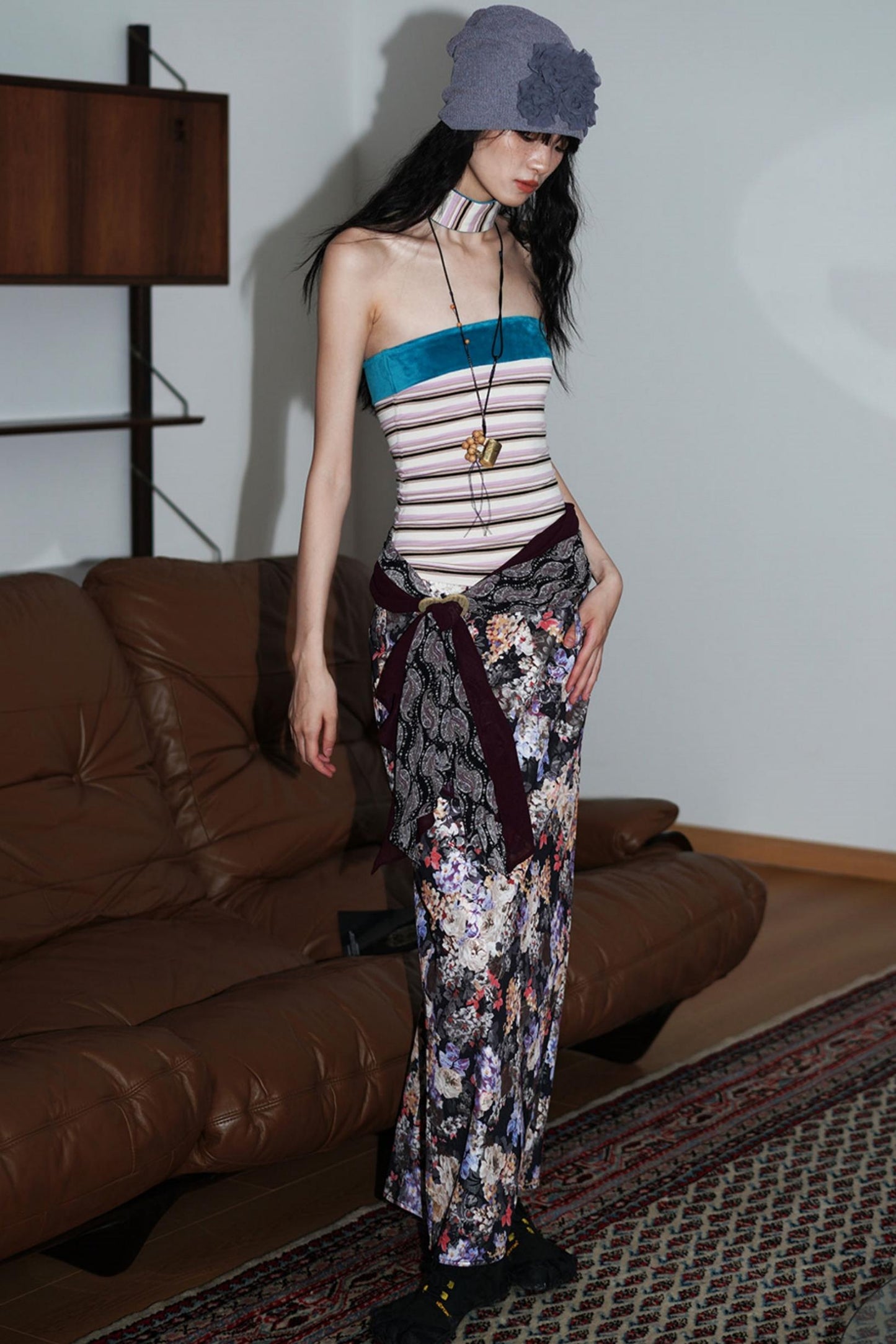 Gold Floral Pleated Skirt