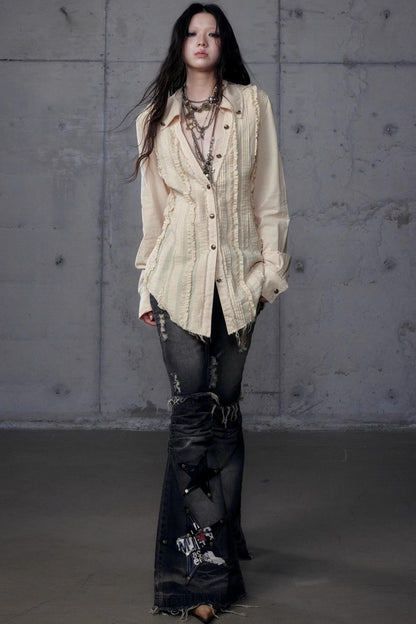 Vintage Lace V-Neck Bubble Sleeve Shirt