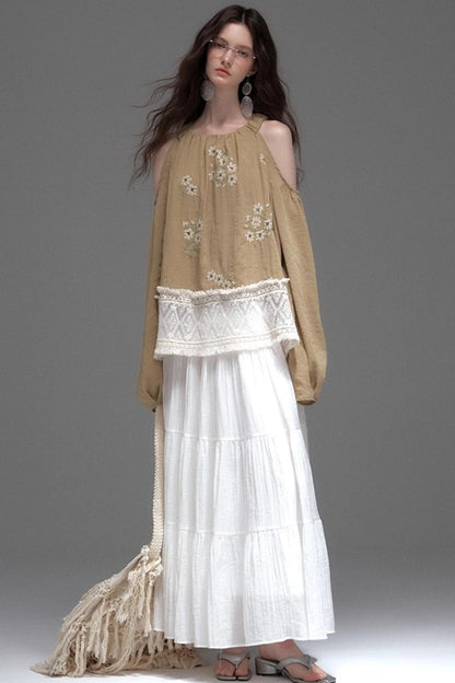 Neoclassical Embroidery Off-the-Shoulder Top