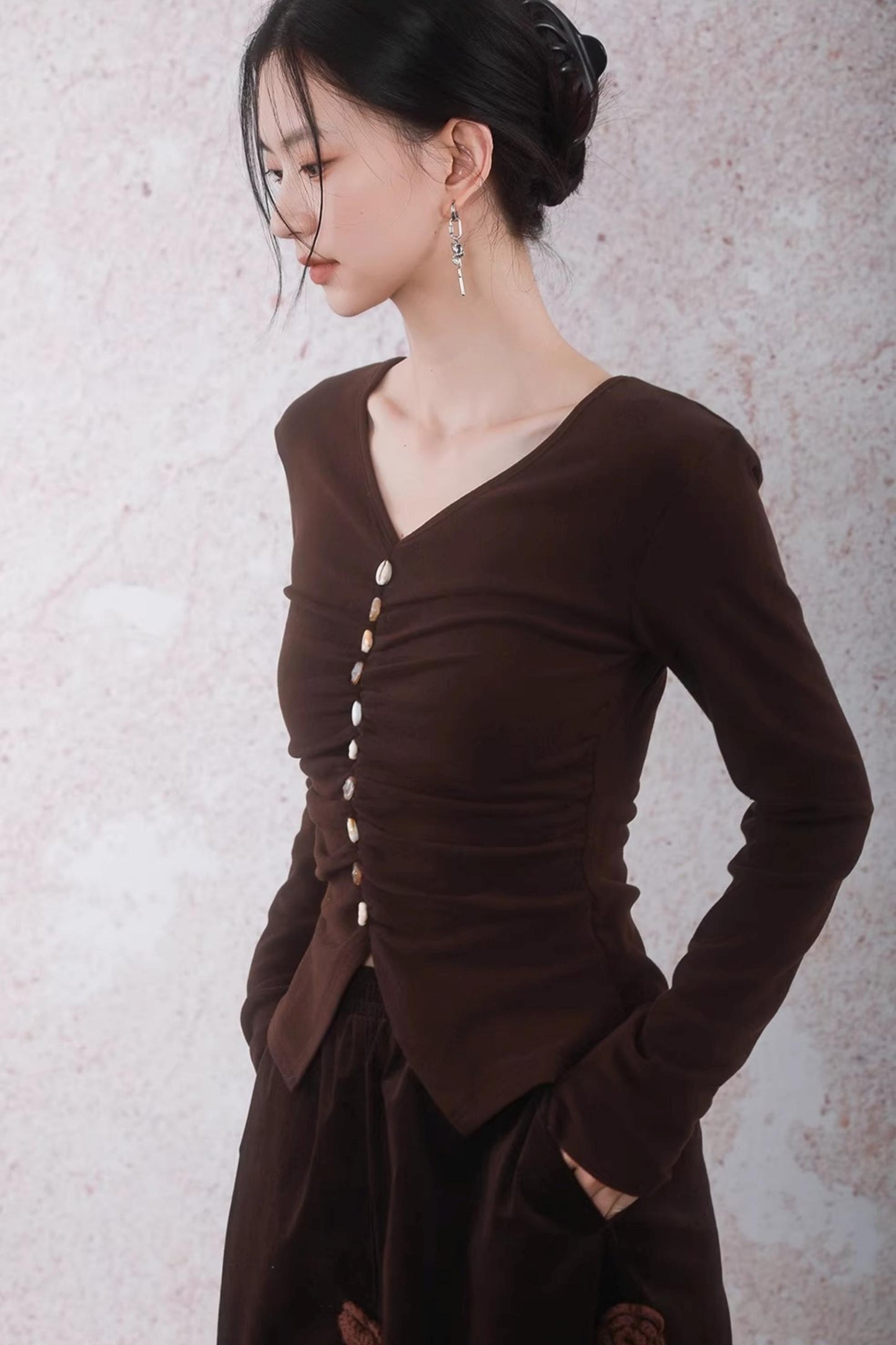 Caramel Coffee Shell Buckle Streamer Top