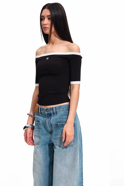 Off-Shoulder Contrast Knit Top