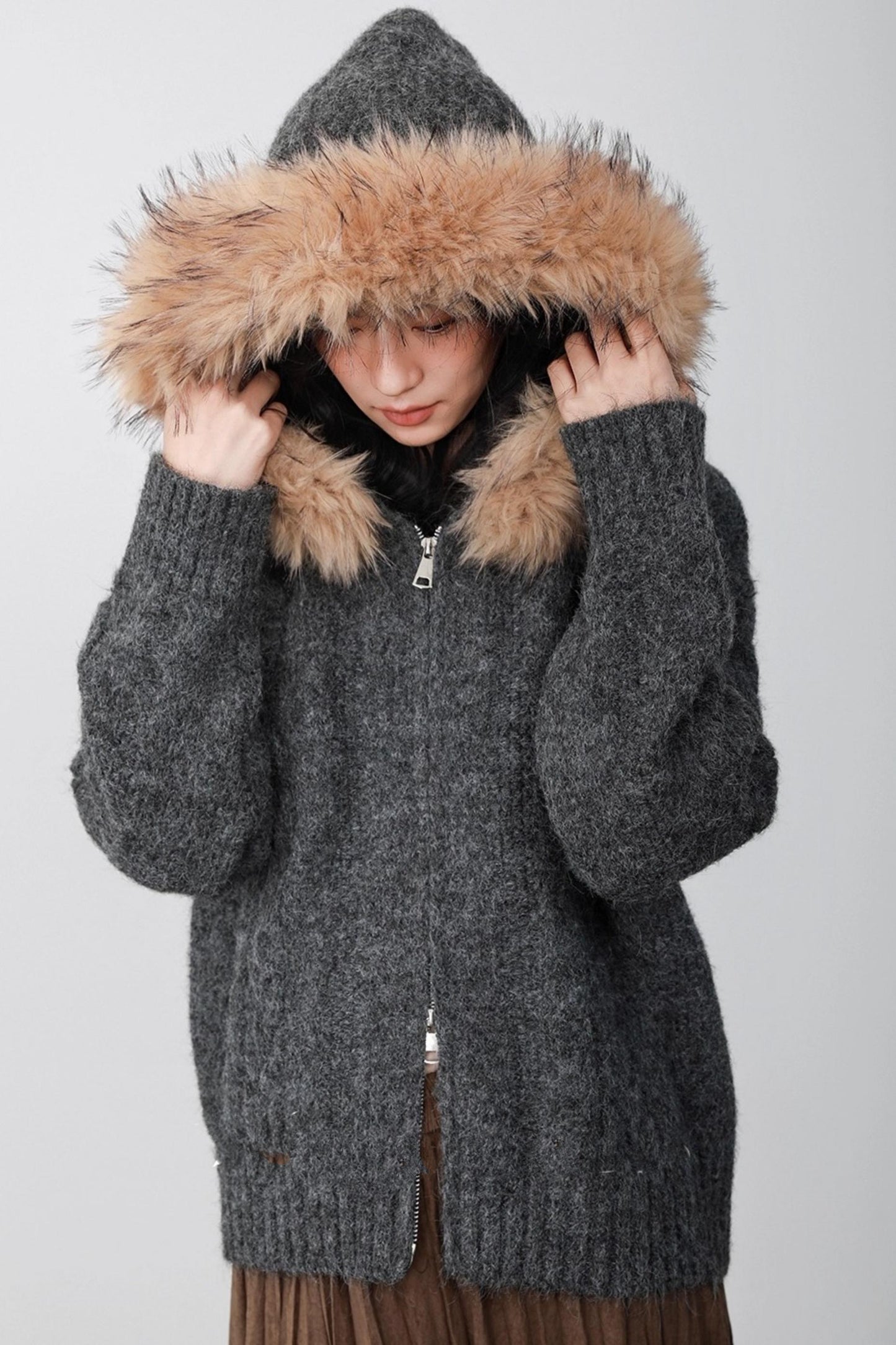 Fog Gray Fur Collar Hooded Jacket