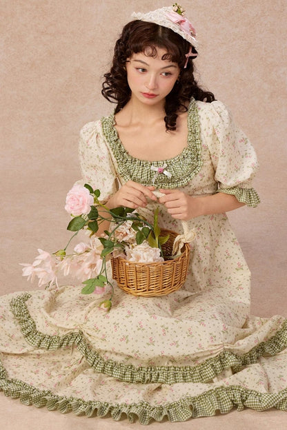 French Pastoral Style Floral Waist Dress