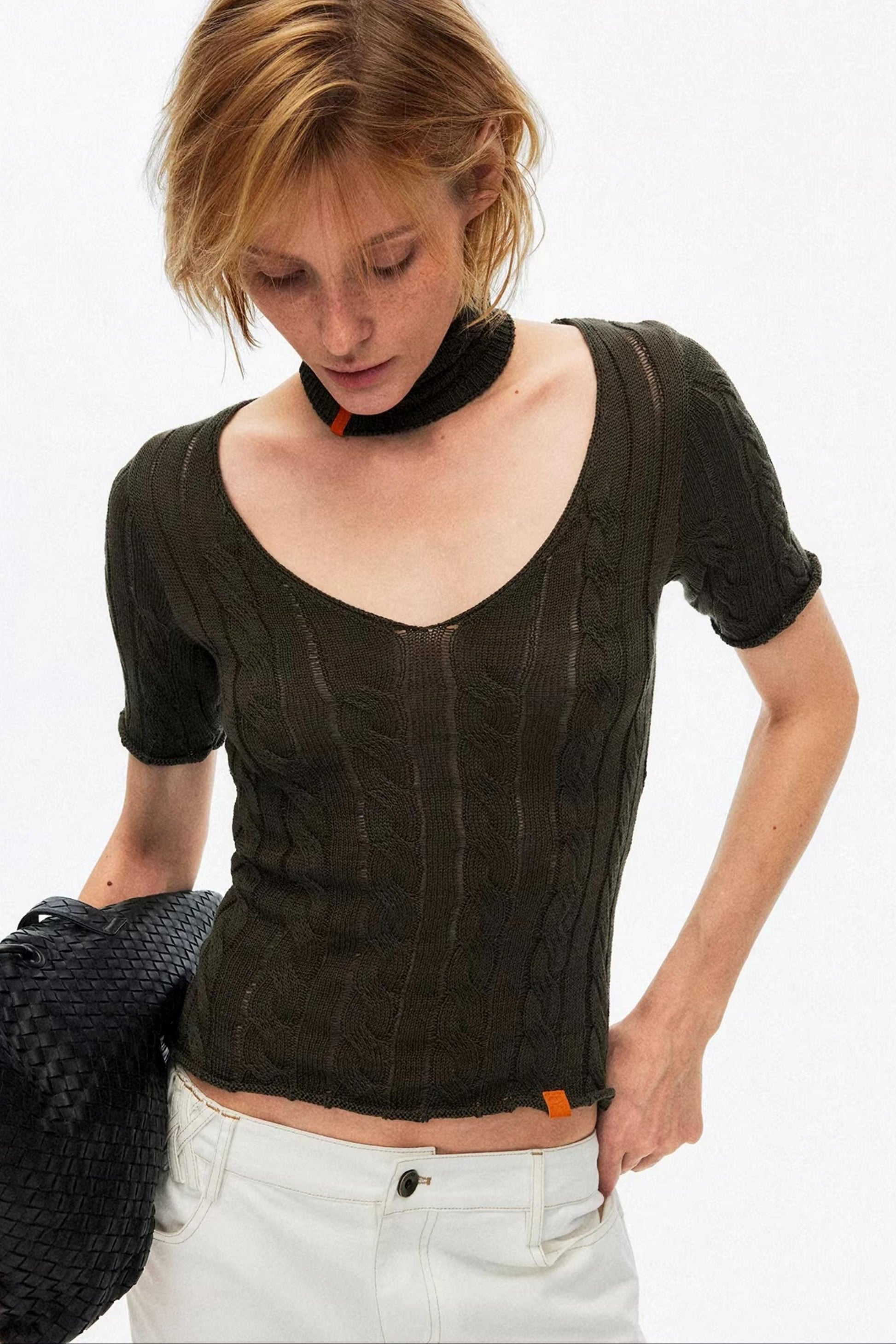 Sophisticated olive green cable knit choker top for a unique summer look
