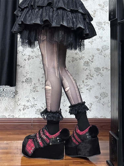 Y2K Black Rabbit Plaid Platform Shoes