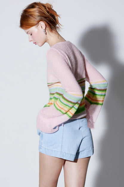Mohair Silky Wool Rainbow Lantern Sleeve Sweater