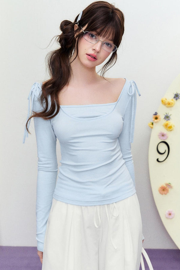 Korean Slim Tie Shoulder Top