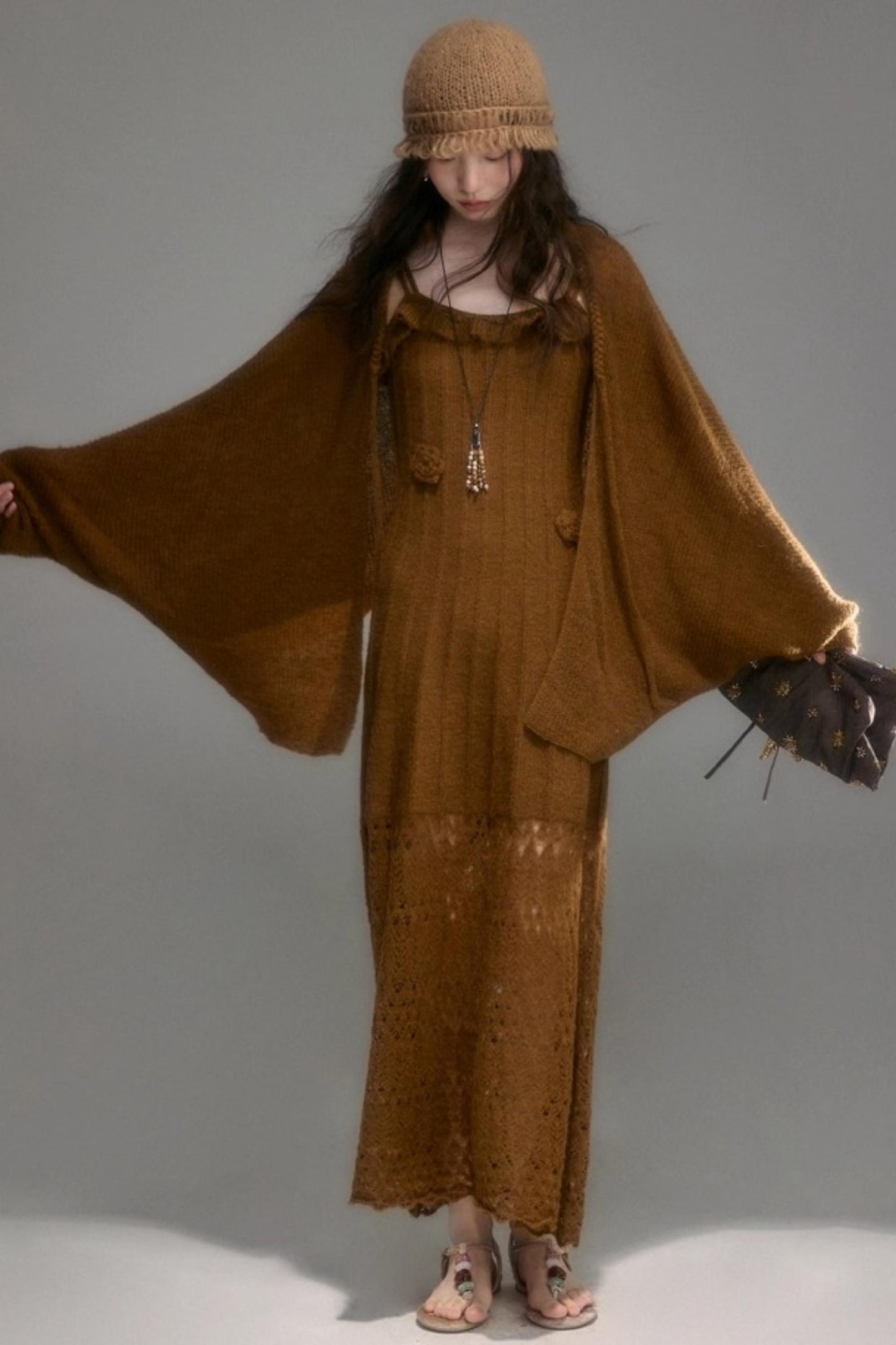 Crochet Knit Camisole Dress Cardigan Set-Up