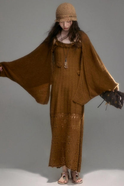 Crochet Knit Camisole Dress Cardigan Set-Up