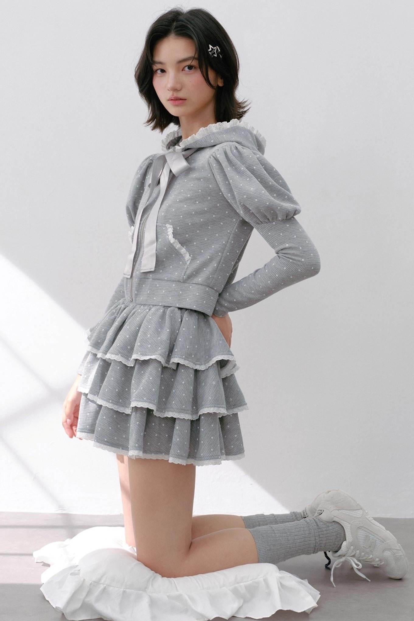 Navy Polka Dot Hooded Tracksuit Set-Up