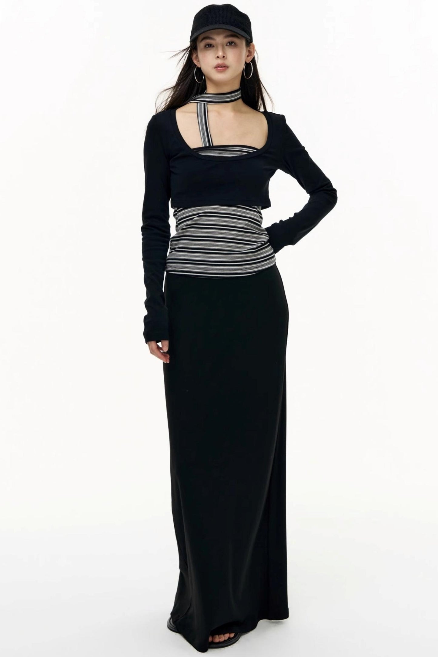 Contrast Long-Sleeved Top With Bandeau Set