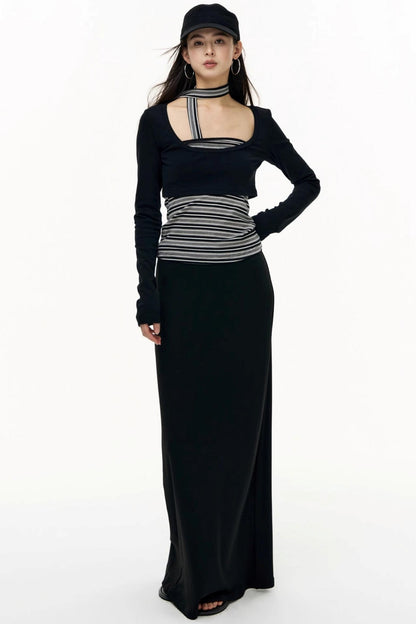 Contrast Long-Sleeved Top With Bandeau Set