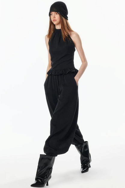 Ruffle Hem Halter Backless Top