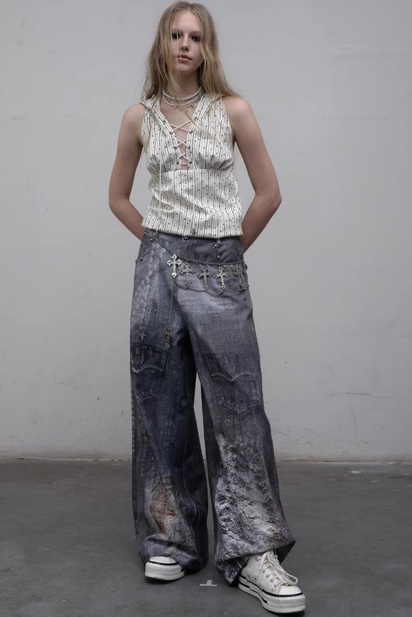 Printed Blue Wide-Leg Denim Pants