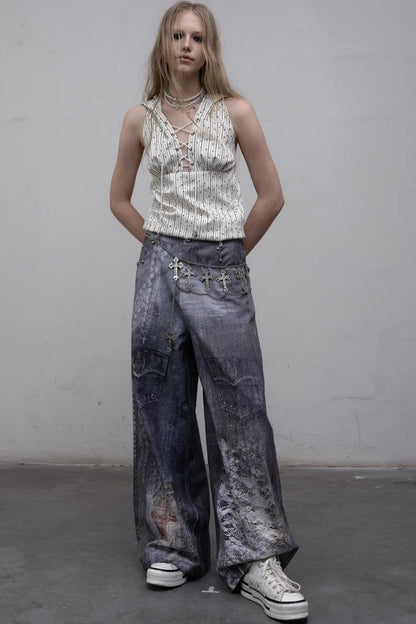 Printed Blue Wide-Leg Denim Pants