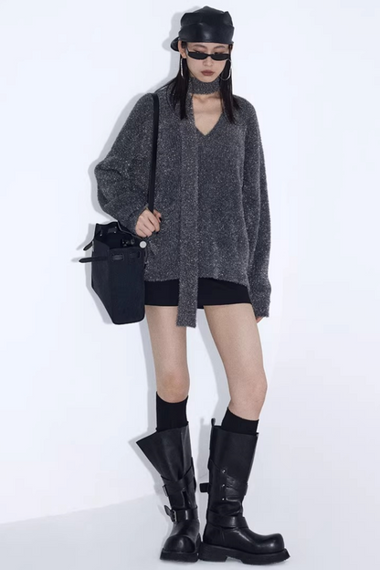 Silberner Faden V-Ausschnitt Strickpullover