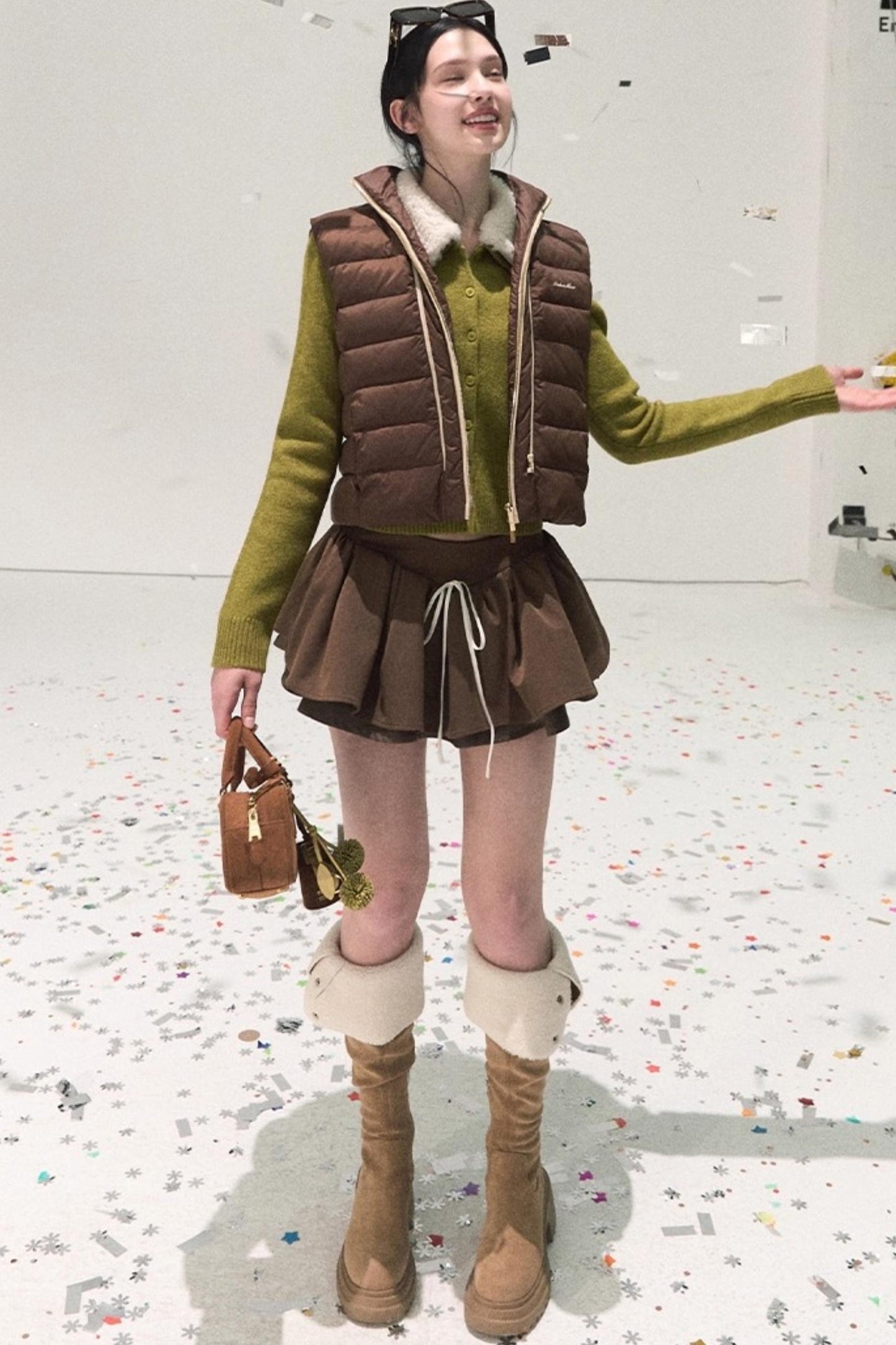 Plaid Color-Blocked Puffy Skirt