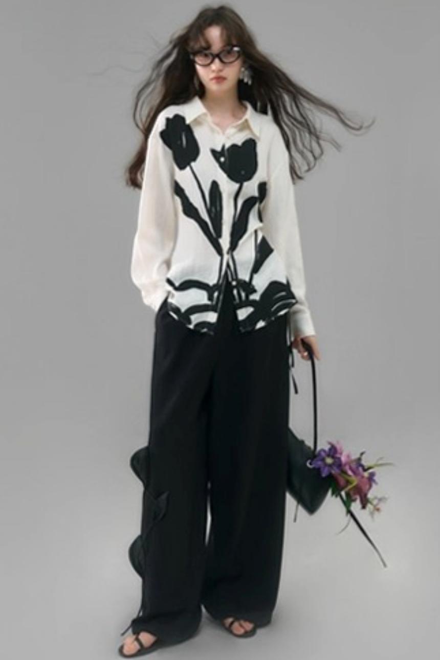 Three-Dimensional Calla Lily Linen Blend Wide-Leg Pants