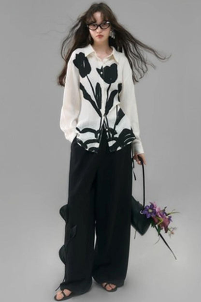 Three-Dimensional Calla Lily Linen Blend Wide-Leg Pants