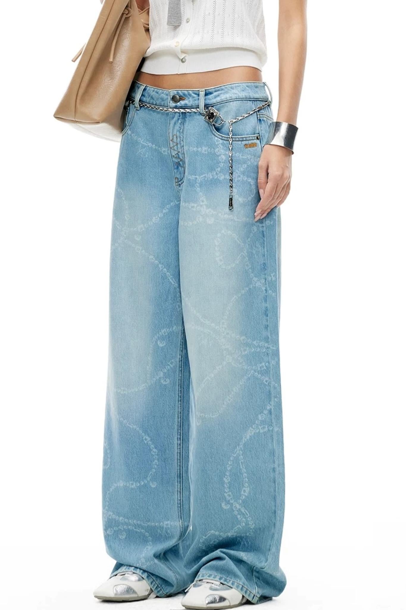 Washed Laser Print Denim Pants
