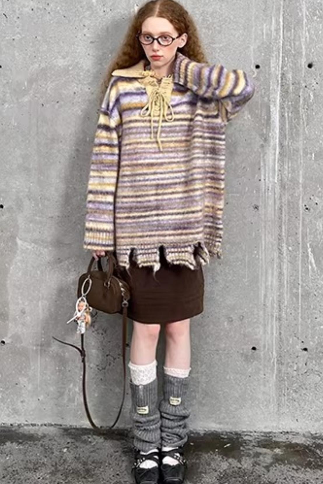 Lace-Up Collar Sweater Set-Up