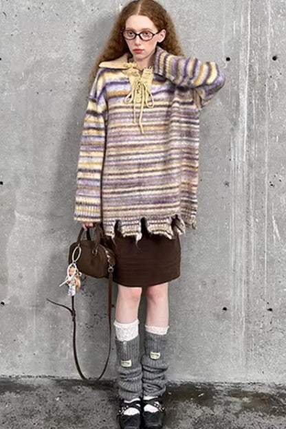 Lace-Up Collar Sweater Set-Up