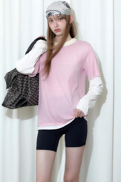 Fake Two-Piece Contrast Long Sleeve T-shirt