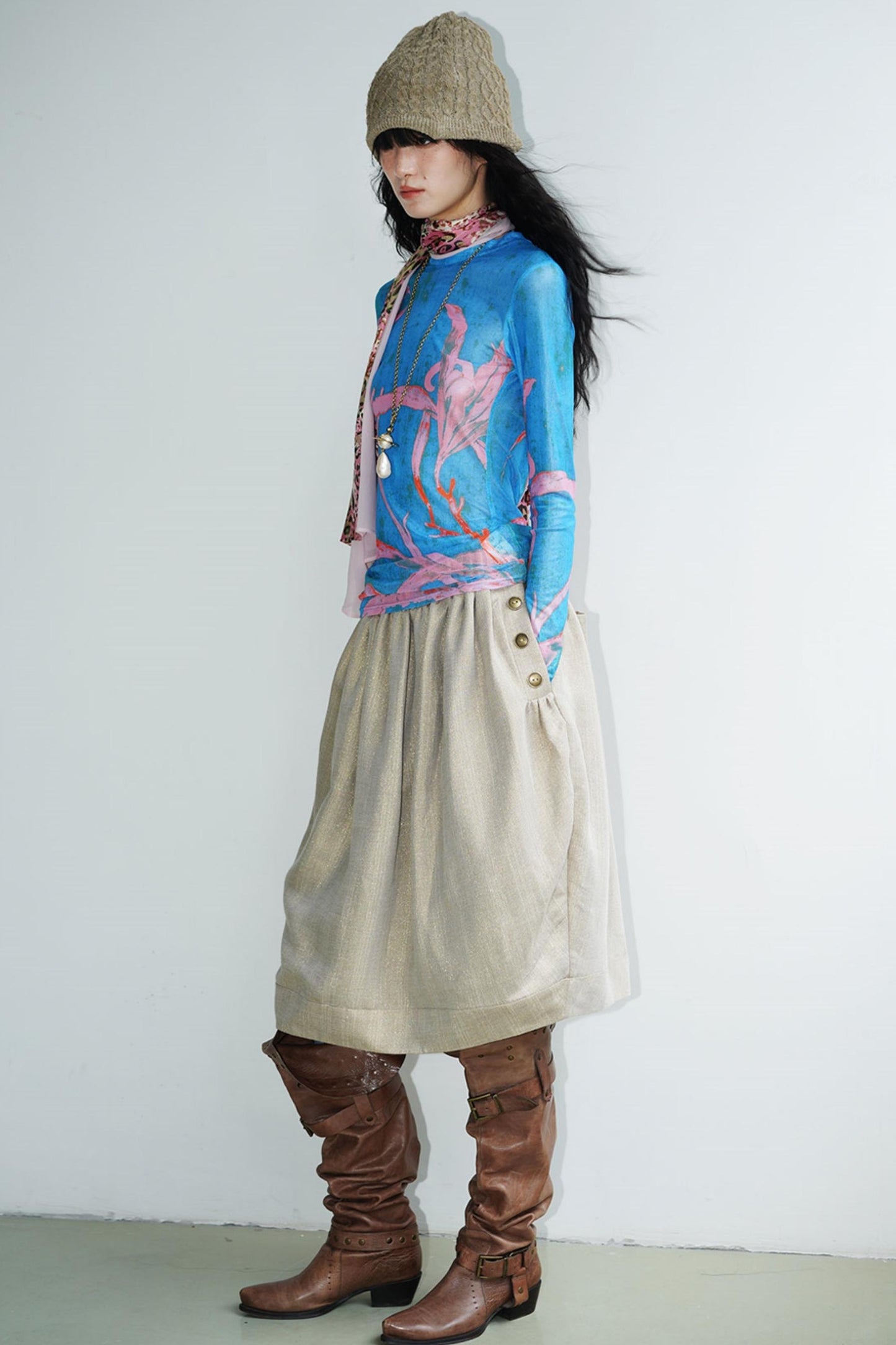 Chinese Mesh Cutout Long-Sleeved Top