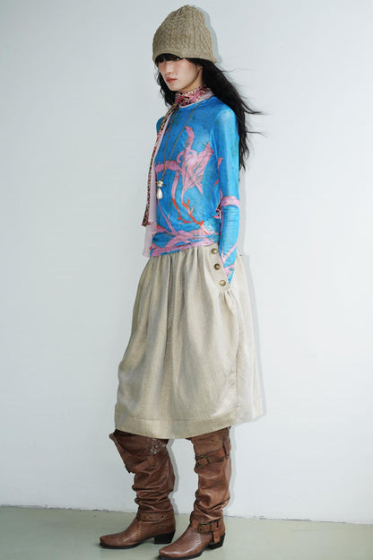 Chinese Mesh Cutout Long-Sleeved Top