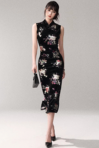 Gold-Embellished Velvet Qipao Dress