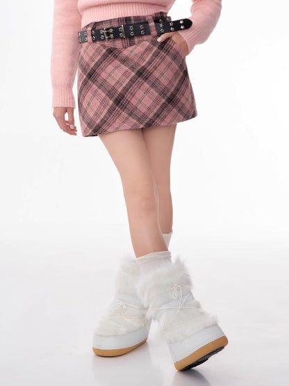 High-waisted thin tweed plaid half-body skirt