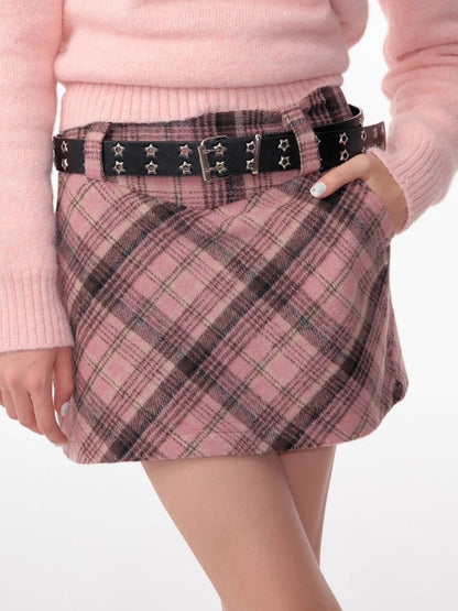 High-waisted thin tweed plaid half-body skirt