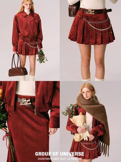 Velvet Jacket Half Skirt Two Piece Red Christmas Set