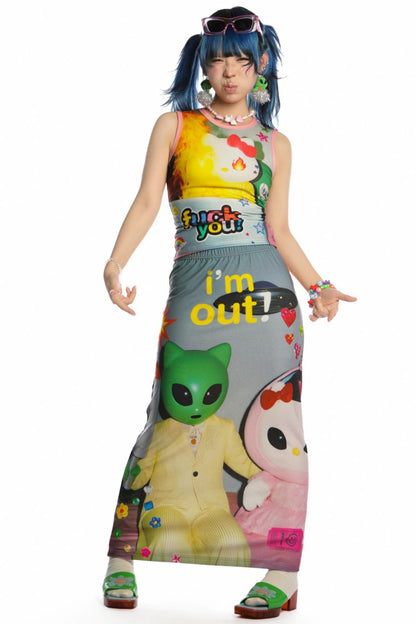 Reversible Print Stretch Casual Maxi Skirt