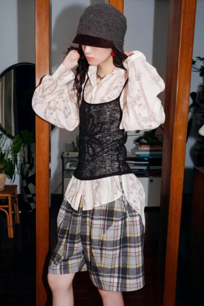 Vintage Plaid Wide-Leg Shorts