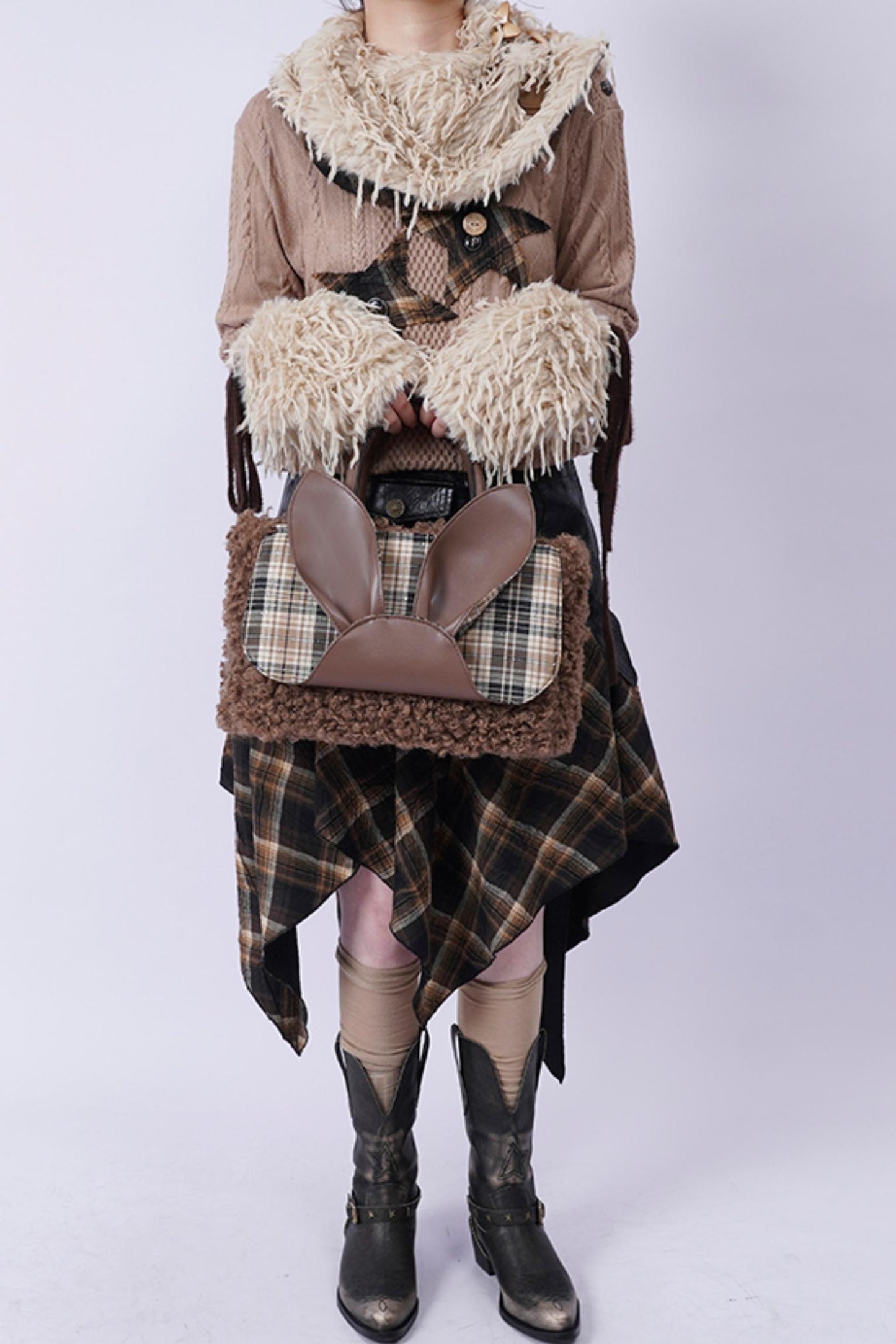 Plaid Rabbit Fur Tote Bag