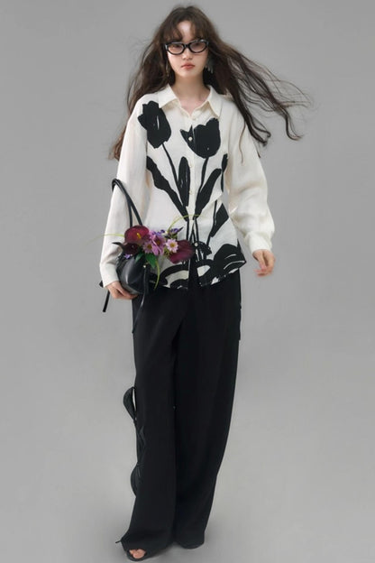 Three-Dimensional Calla Lily Linen Blend Wide-Leg Pants