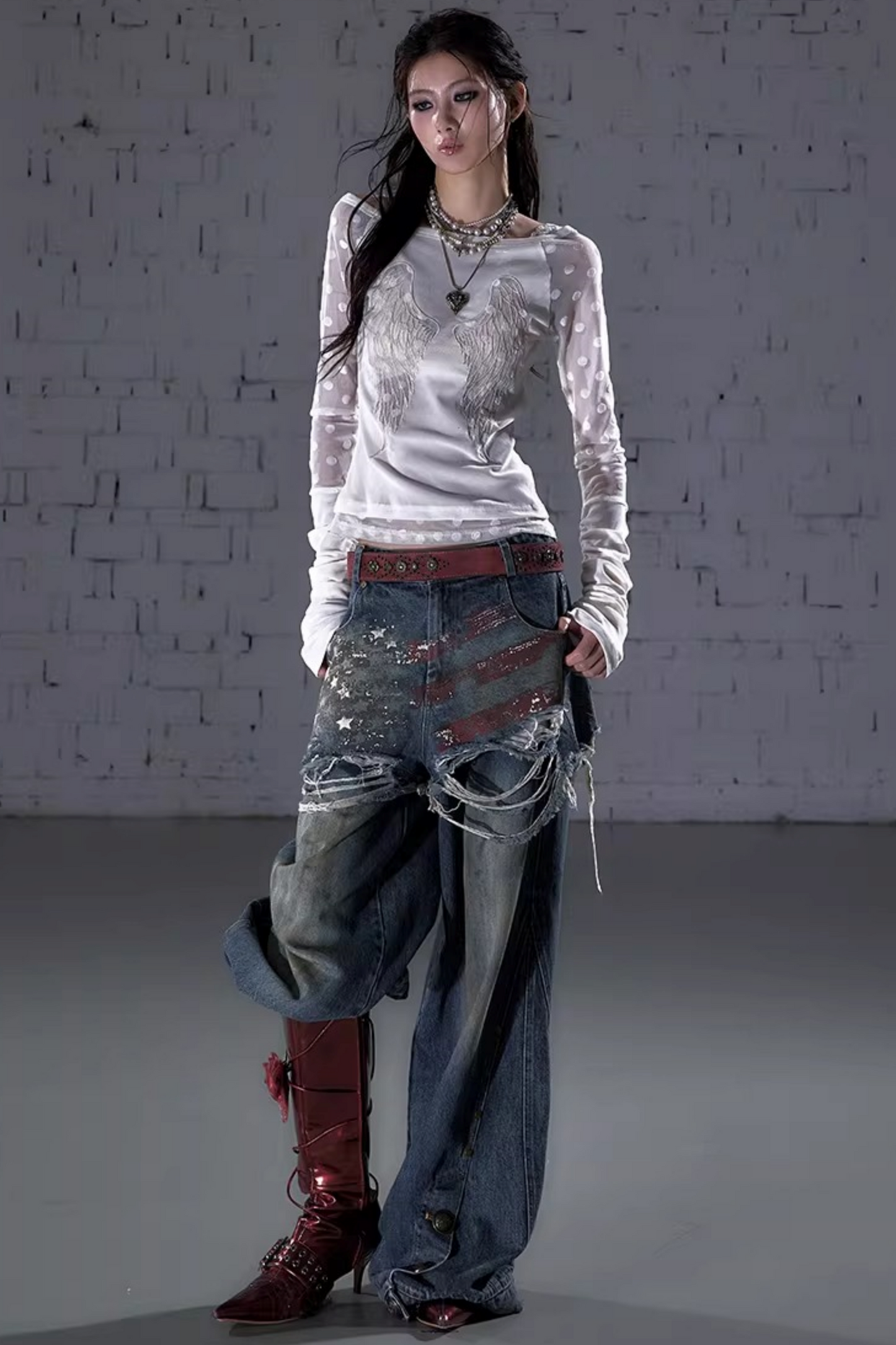 Retro Print Denim Pants