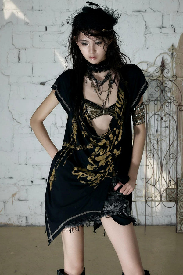 Punk Asymmetrical Neckline T-Shirt Set-Up