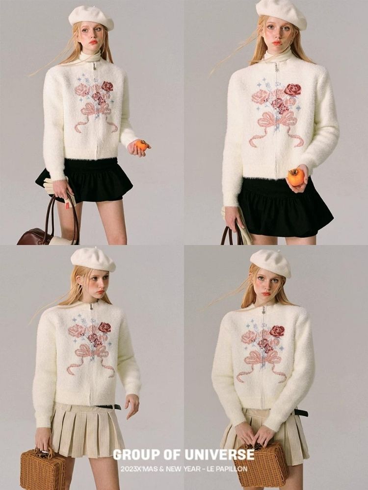 Mink Jacquard Rose Bow Zipper Knit Cardigan