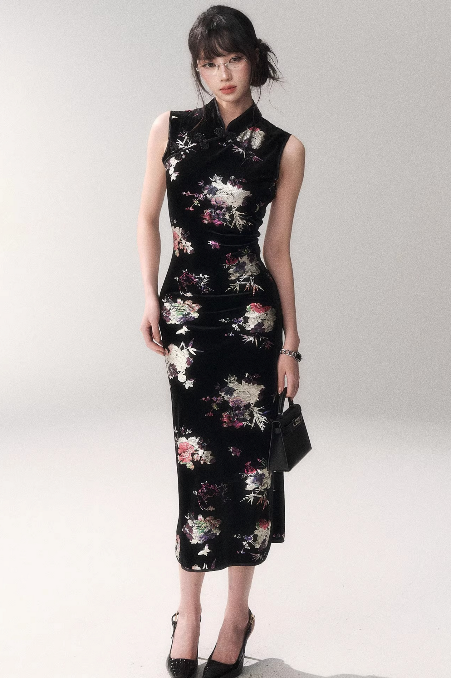 Gold-Embellished Velvet Qipao Dress